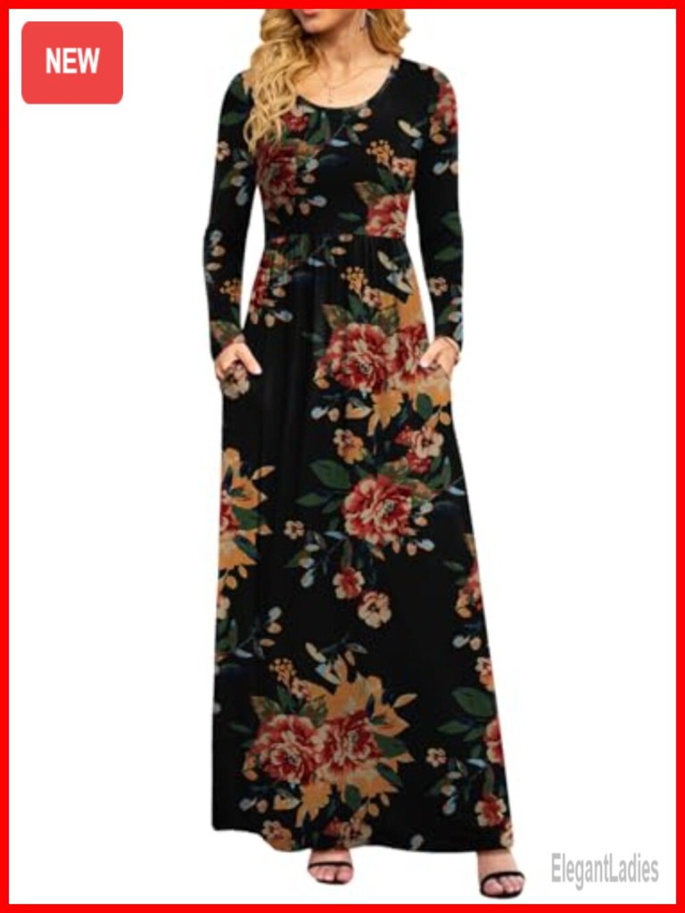 Women's Long Sleeve Maxi Dress Empire Waist A-Line with Pockets